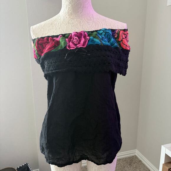 Boho Floral Embroidered Off Shoulder Peasant Top Black Crochet Festival Blouse M - Picture 6 of 10